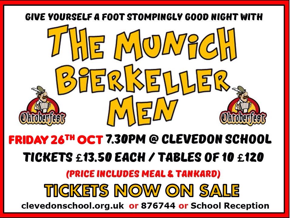 ClevedonSchool's tweet photo. Incredible support so far. Just the last few tickets to go. Come and have a great night, taste the authentic beers of Oktoberfest (imported direct from the festival) and help raise funds for the school. Whole community invited. Book your tickets NOW! https://t.co/wmUNWH9zPO