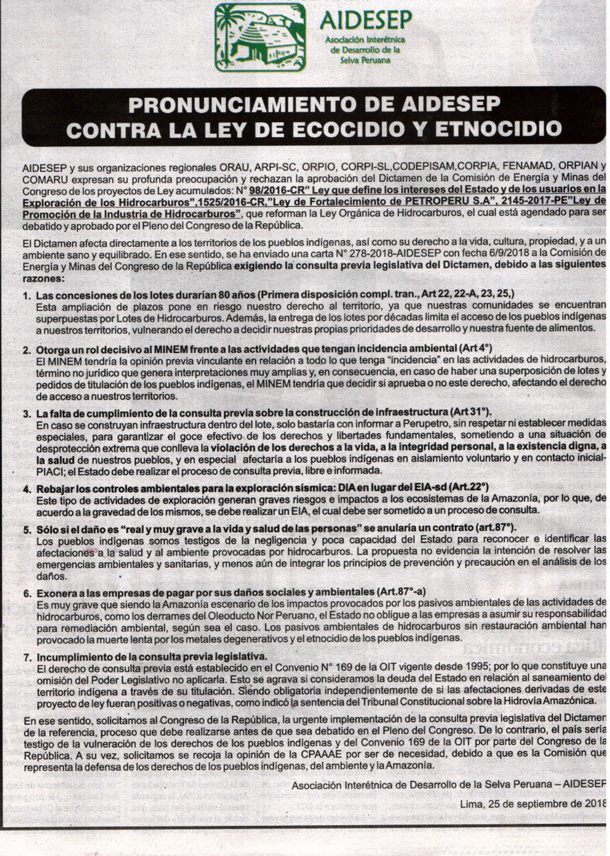 #PRONUNCIAMIENTO de AIDESEP contra la Ley de Hidrocarburos.
#NoLeyHidrocarburos

Más información: bit.ly/2zwl4qY