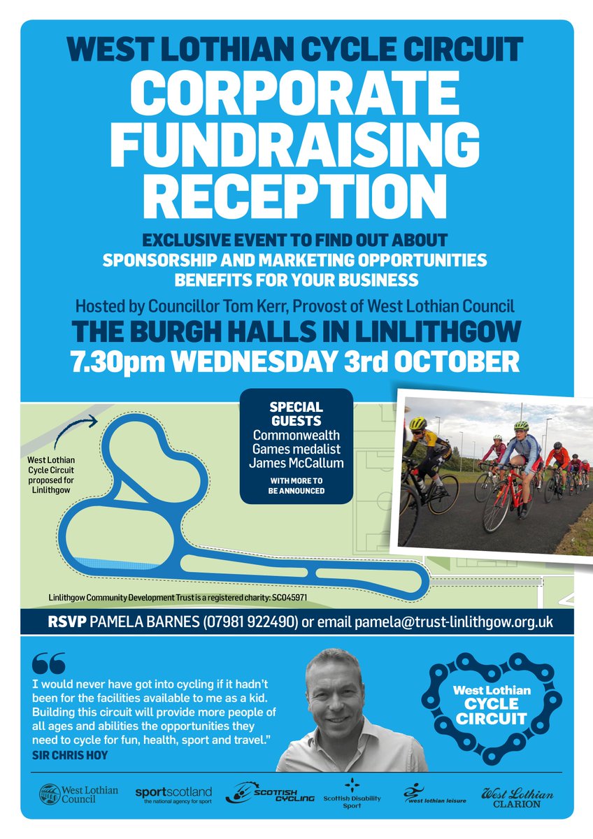 WLcyclecircuit's tweet photo. Help fund the cycle circuit 

Corporate fundraising reception 
The Burgh Halls, Linlithgow
7.30pm Wednesday 3rd October

We are looking for financial sponsorship to help us build the circuit.

RSVP to find out how you can get more people cycling https://t.co/rhPtqJMxCy