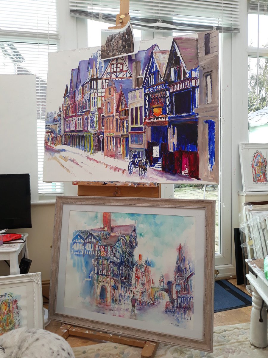 marysaif's tweet photo. A couple of paintings in my studio, bottom one is in watercolour, top one in oil and is not yet complete #Chester #Cheshire #art #HandmadeHour #WallpaperWednesday #architecture #Roman #Cestrian #STREET #buildingbridges #painting https://t.co/vidMw8ogwk