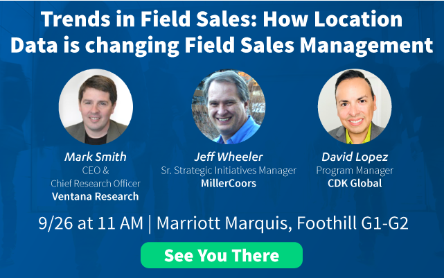 SalesforceMaps's tweet photo. Session starts in 20 min at the Marriott Marquis, Foothill G1-G2! We hope you’ll join us, and panelists from @ventanaresearch, @CDKGlobal and @MillerCoors, to learn more about how #LocationOfThings technology is changing #FieldSales. https://t.co/nahMYzX1HQ https://t.co/nzVPadcZVG