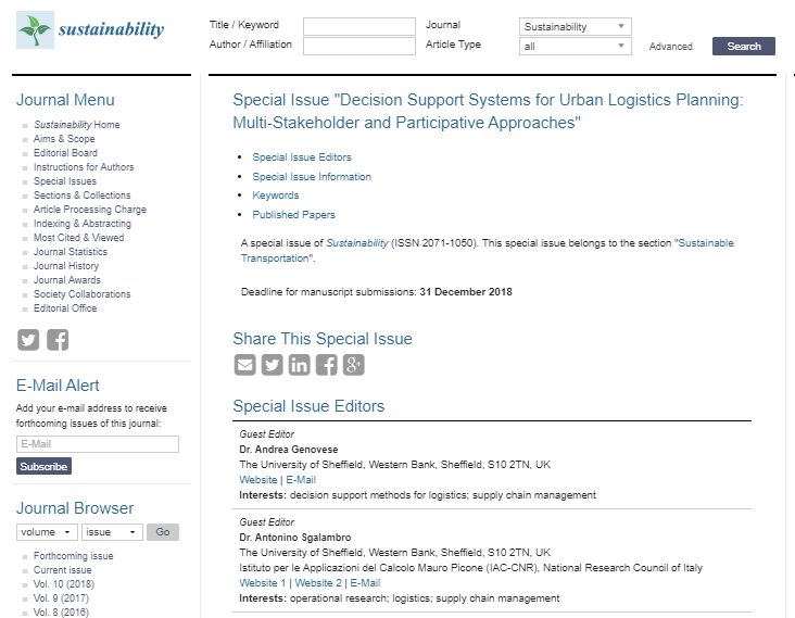 Call for Publications: Decision Support Systems for Urban Logistics Planning: Multi-Stakeholder and Participative Approaches A Special Issue will be published on Sustainability (ISSN 2071-1050)“Sustainable Transportation”_Deadline: 31/12/18 bit.ly/2QYget7 <a href="/MDPIOpenAccess/">MDPI</a>