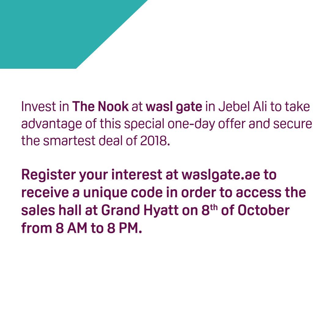 waslgroup's tweet photo. Invest in The Nook at wasl gate in Jebel Ali to take advantage of this special one-day offer and secure the smartest deal of 2018.
Register your interest at https://t.co/336V1e3ZNs
RERA#25153
#waslgate #everythingeveryday #freehold #jabalali #dubai https://t.co/jR0f8jKjYS