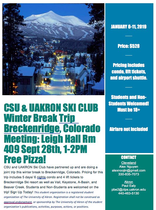 This Friday September 28th in Leigh Hall RM 409 1-2pm we will be having a meeting on our Breckinridge trip winter trip. Please join us if you can. We will have free pizza!