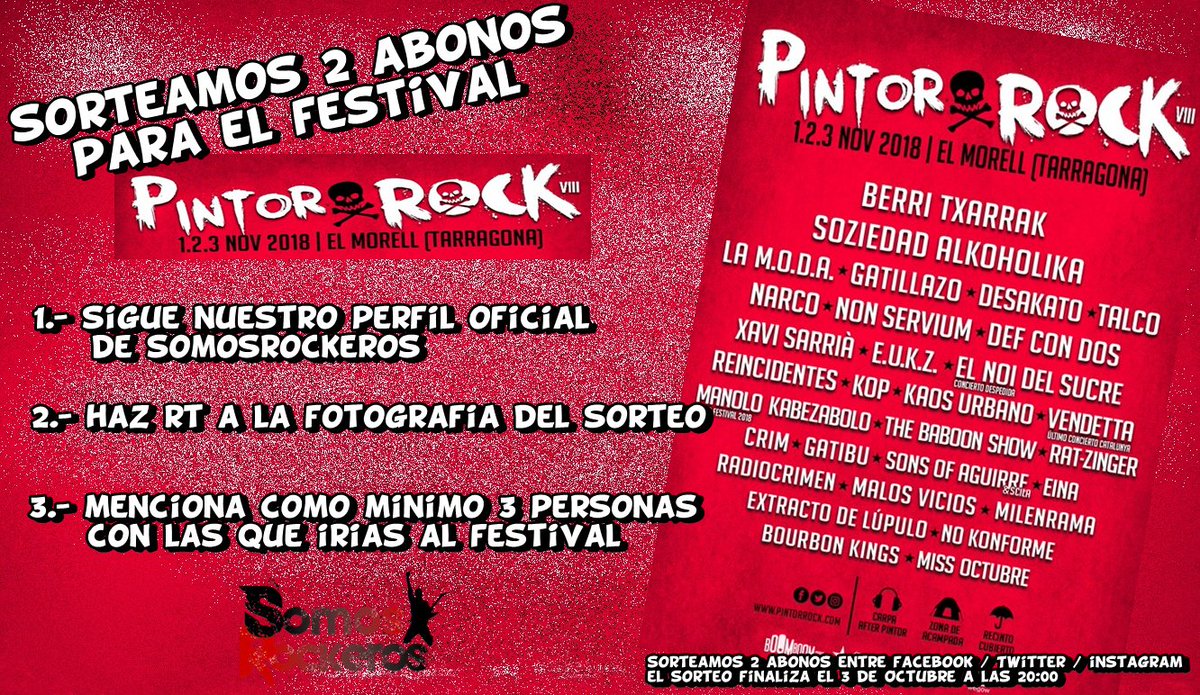 somosrockeros's tweet photo. ⚠Sorteamos 2 abonos para la VIII edición del Festival @PintorRock del próximo 1,2 y 3 de Noviembre ⚠ con S.A, Gatillazo, Narco, Talco, KOP, Berri Txarrak, Def Con Dos, Desakato, Non Servium, CRIM...

1.-Sígue a @Somosrockeros 
2.- Haz RT a la foto 
3.- Menciona mín a 3 pers https://t.co/iaPvik78ko