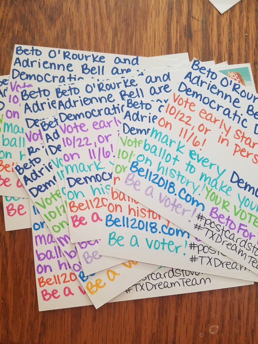Theangrypavoter's tweet photo. 10 more #PostcardsToVoters for #TXDreamTeam @BetoORourke and @AdrBell. #BetoForTexas #Bell2018 

#Midterms2018 #BlueWave #gotv https://t.co/i0tgPK3eyp