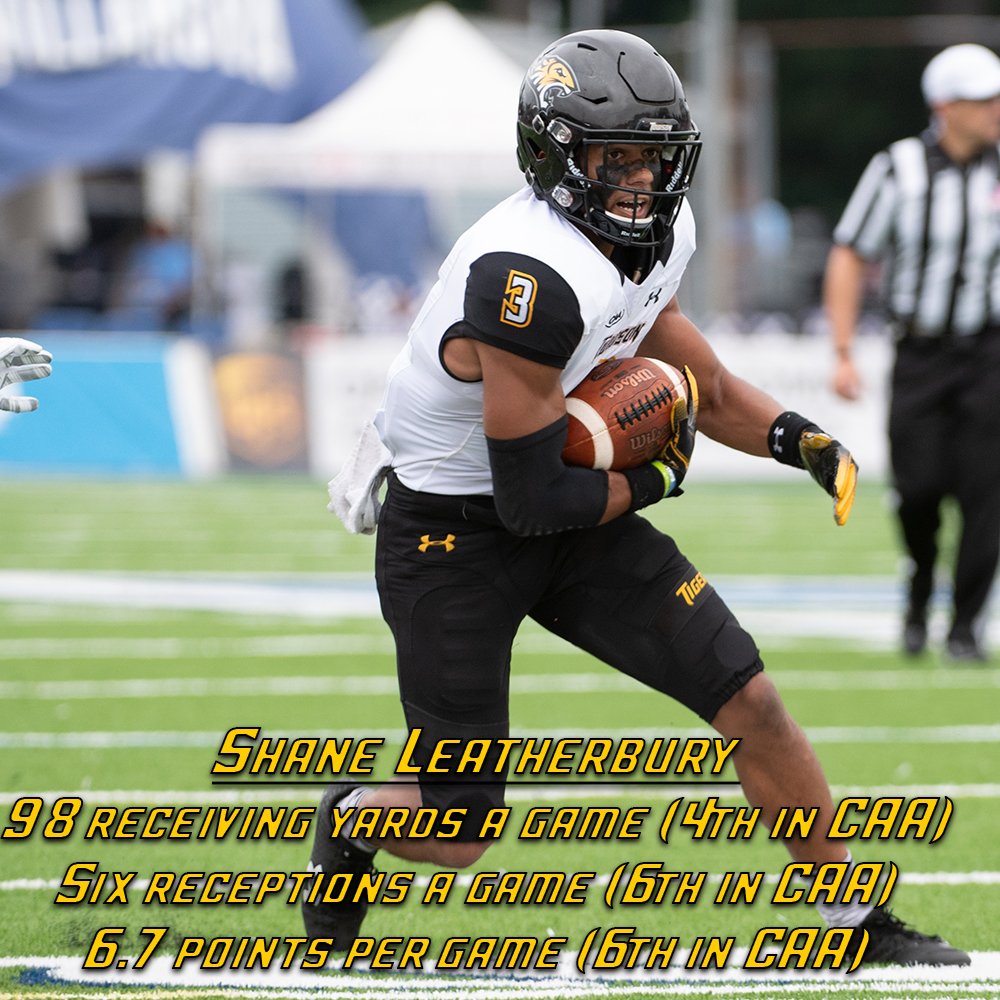 Towson_FB's tweet photo. Shane Leatherbury has been an explosive receiver this season, standing top-6 in @CAAFootball in numerous categories.

You can see the Tigers play for the first time at home this Saturday at 4 p.m. vs. The Citadel! https://t.co/G259Khokzd https://t.co/n46Yy7ui6I