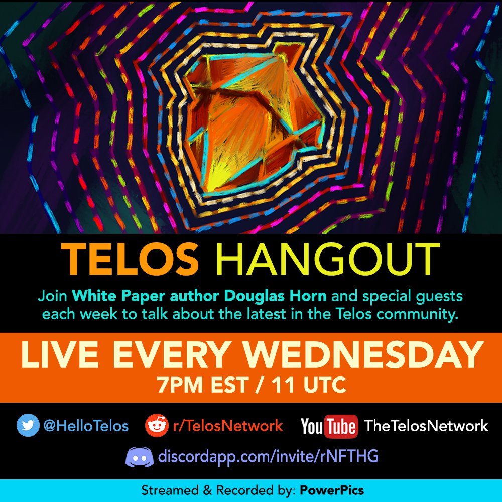 HelloTelos's tweet photo. Join the #Telos Hangout today! @Douglas_Horn from @GoodBlockio with guests Ian from @AmplifiedTelos &amp; Jesse from @caleosio! Check back on Twitter or Telegram channel @ https://t.co/mXPoqlM8zf for link just before the livechat starts! #GoTelos #EOSIO #blockchain #decentralized https://t.co/ptyOwo8LHv