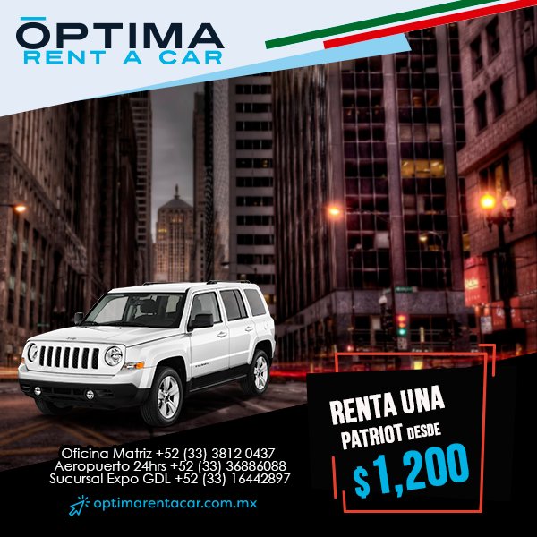 optimarentacar's tweet image. Viaja con la comodidad y confianza que te brinda Óptima Rent A Car y #MuéveteSinLimites rentando una Patriot desde $1,200 pesos.

¡Llámanos!
Oficina Matriz +52 (33) 3812 0437 
Aeropuerto 24 hrs +52 (33) 3688 6088
 Expo GDL +52 (33) 1644 2897