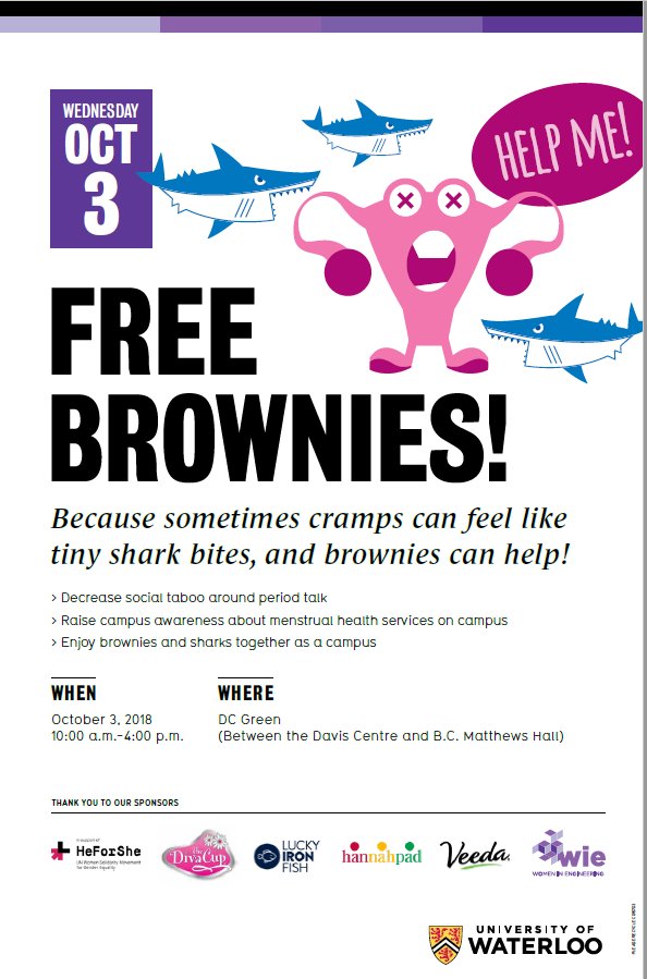 uwaterlooWiE's tweet photo. Help decrease the taboo on period talk and learn more about menstral health services on campus. Also, there will be BROWNIES! See you there  #UWaterlooWiE #UWaterloo #WaterlooEng #engineering #KWAwesome #periodpositive #menstrationmatters #womenshealth https://t.co/O8vRVdJpHD