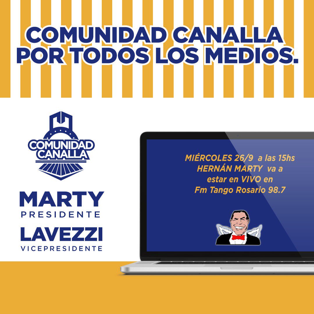 ComCanallaOk's tweet photo. En instantes nuestro candidato a presidente, Hernán Marty en vivo en FM Tango, FM 98.7.

#ComunidadCanalla 
#VamosPorLaGloria 
#RosarioCentral https://t.co/bFmfyzXFMG