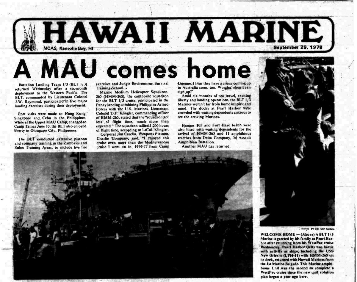 MCB_Hawaii's tweet photo. #WAYBACKWEDNESDAY

A MAU comes home

This week in 1978, U.S. Marines with Battalion Landing Team, 1st Battalion, 3rd Marines Regiment returned from a  six month deployment from the Western Pacific.

#MCBH #Marines #1stBattalion #3rdMarines https://t.co/YJ5wLflsaY