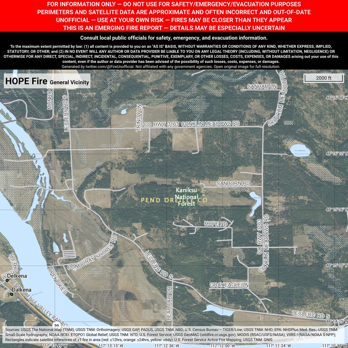 PacNWFireBot's tweet image. Unofficial emerging fire report for #HopeFire - details may be especially uncertain.
 ~6mi SE of Cusick, Washington. ~41mi NNE of Spokane, Washington. May be incorrect. Consult officials for safety info. Disclaimers in images.