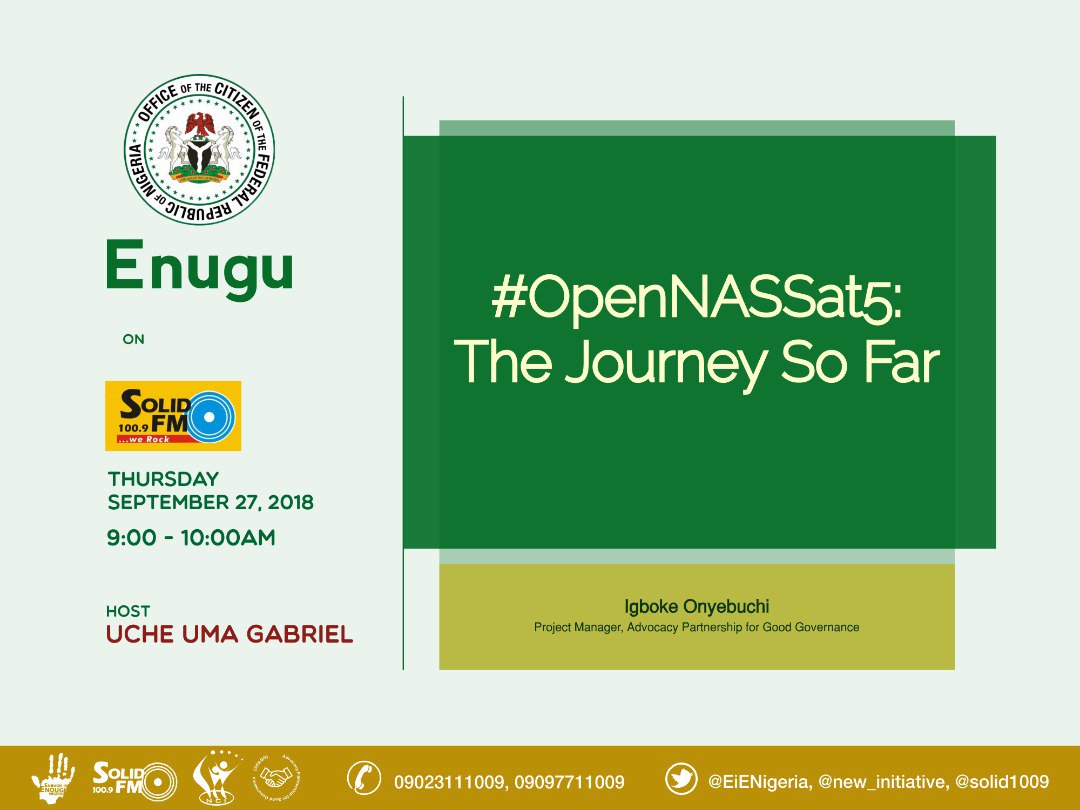 EiENigeria's tweet photo. Tomorrow on #OfficeOfTheCitizen #Enugu, we will discuss '#OpenNASSat5: The Journey So Far'.
Tune in to @solid1009 at 9am to join the conversation. https://t.co/gNRCmFXTMZ