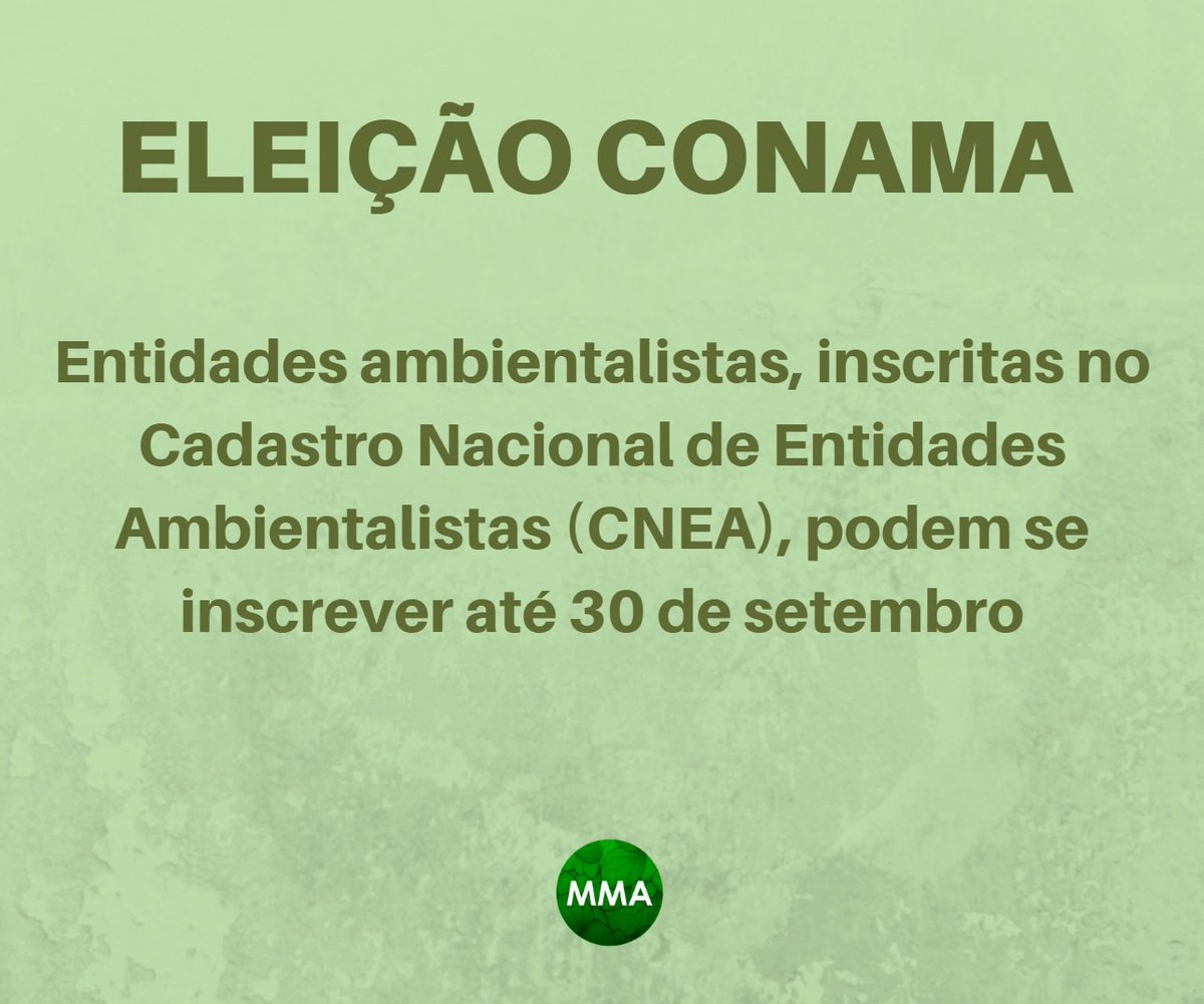 mmeioambiente's tweet image. O prazo para candidaturas de entidades ambientalistas no Conselho Nacional do Meio Ambiente #CONAMA p/ o biênio 2019-2021 encerra no dia 30/9. As candidatas devem estar inscritas no Cadastro Nac. de Entidades Ambientalistas (CNEA) há, pelo menos, um ano: goo.gl/txuanW
