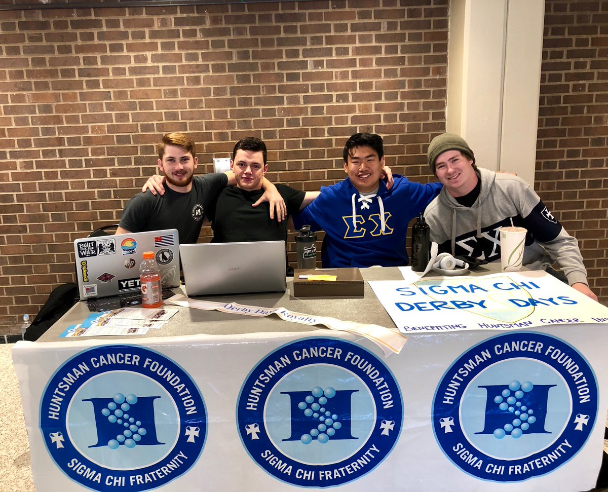 sigmachikato's tweet photo. Brothers Geiselhart, Gibney, Vuong, and Goheen tabling in the CSU today to promote Derby Days Week and raise money for Huntsmans Cancer Institute. Stay tuned for updates regarding next week's events! #Derbydays #sigmachi #cancer #greeklife #IHSV https://t.co/5yoa7ly5jC