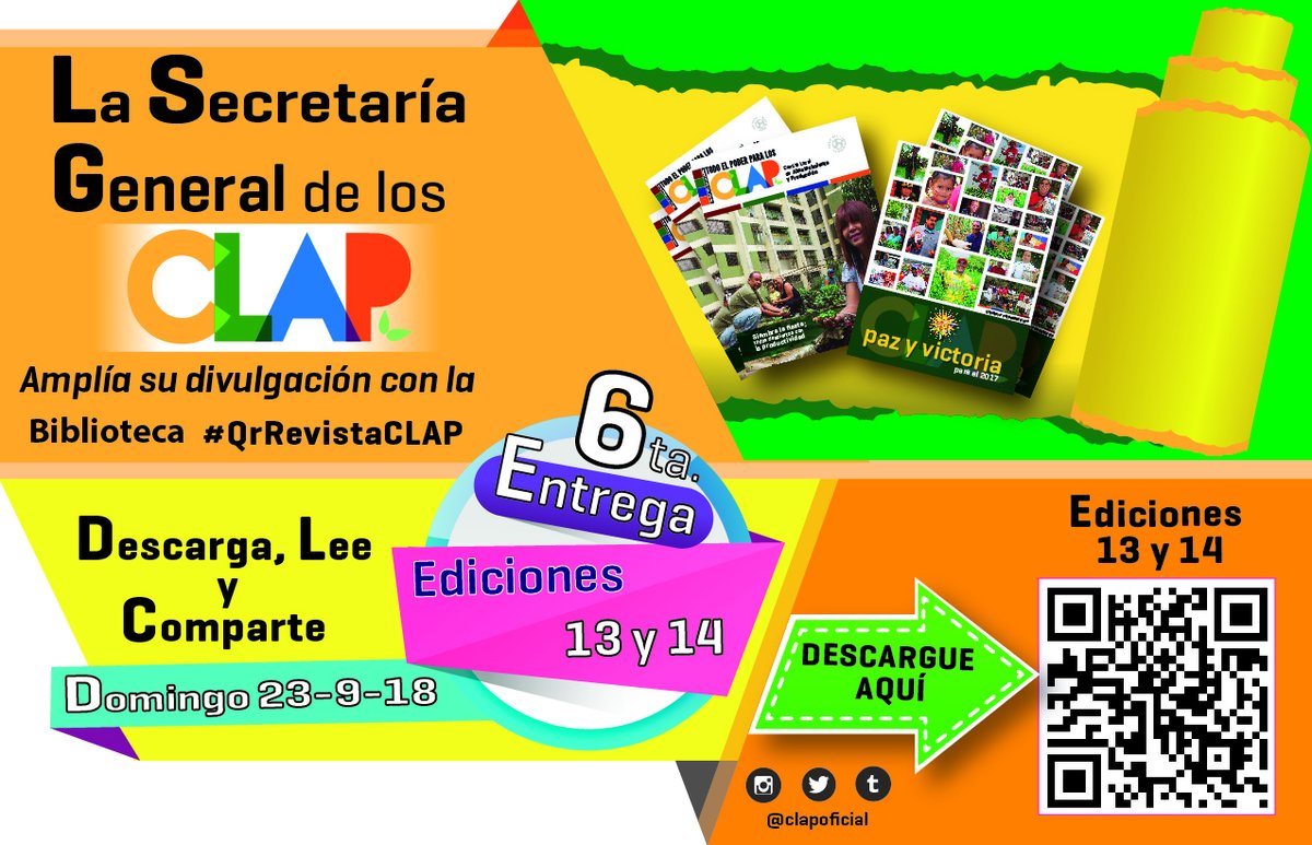 FreddyBernal's tweet photo. Les invito a descargar la 6° entrega de la biblioteca virtual de #NuestraRevistaCLAP a través del código #QrRevistaCLAP. Los #CLAP, firmes al legado del Cmdte. Chávez, seguiremos activos en la batalla comunicacional por todos los medios, redes y paredes. Venceremos!
#SomosCLAP https://t.co/4SVNGltQba