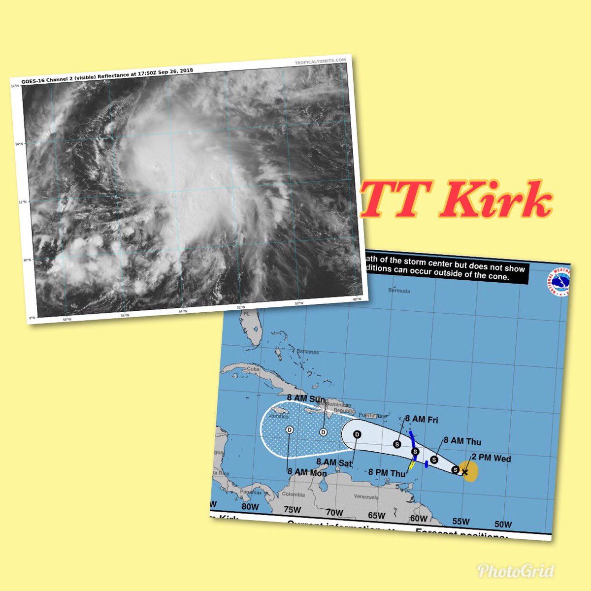 GloriaCeballos7's tweet photo. TT Kirk un poco más fortalecida esta tarde: con vientos máximos sostenidos de 95kph, desplazándose al oeste a 30kph; la trayectoria pronosticada indica que estará el viernes en aguas del Mar Caribe, @onamet da estricto seguimiento a la evolución de este sistema. https://t.co/r58J5hGzzo