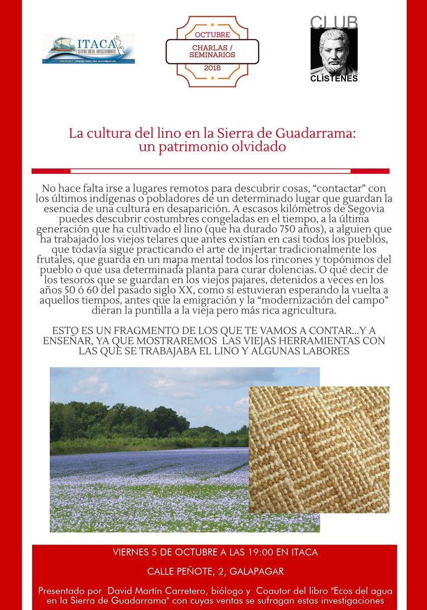 Después de mucho tiempo, volvemos a la carga. El próximo día 5 de octubre, estaremos en Galapagar hablando de la cultura del lino. #recuperandolaculturatradicional @redrunacional <a href="/ipcepatrimonio/">Instituto del Patrimonio Cultural de España</a>