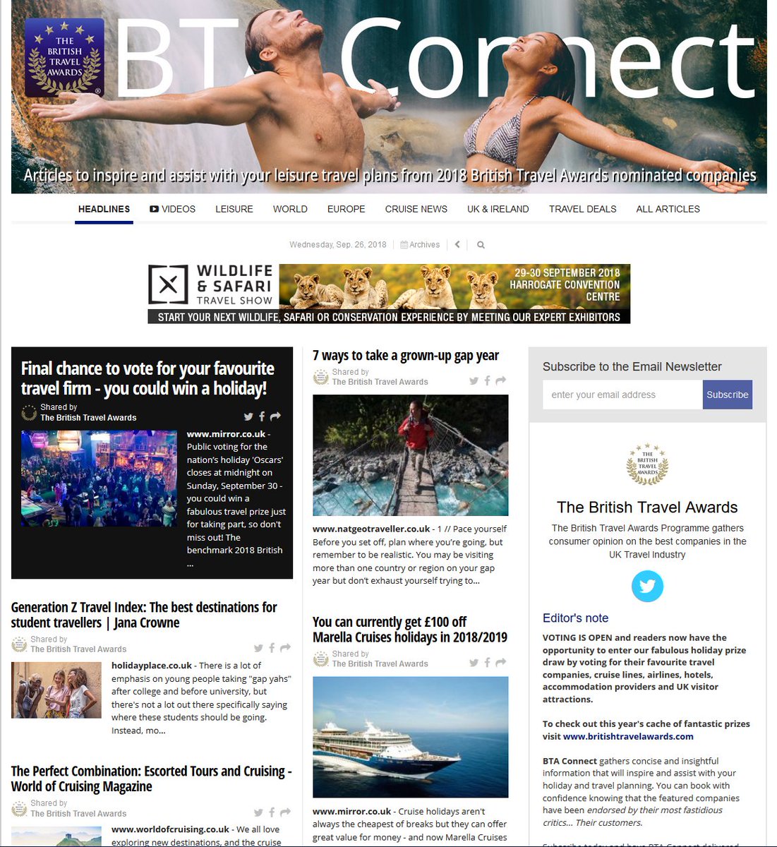 BritTravAwrds's tweet photo. #BTAconnect 26-Sep https://t.co/OVMKn4TANn latest #cruise #travel #selfcatering #uktravel #holidayideas #traveldeals #travelnews from #voteBTA18 nominees. #Vote for your favourite companies https://t.co/01cjwse8zg LAST FEW DAYS TO ENTER #prizedraw https://t.co/kYA1bP1arI