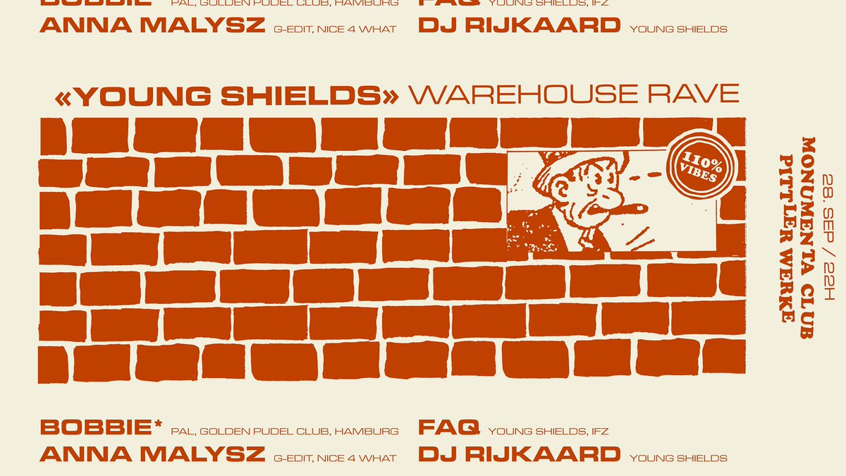 sndoflpzg's tweet photo. 28.09. YOUNG SHIELDS - Warehouse Rave @_Monumenta, Leipzig
w/
BOBBIE* [PAL, Golden Pudel Club, #Hamburg]
Anna Malysz [G-Edit, Nice 4 what]
FAQ [Young Shields, @IfZ_Club]
DJ Rijkaard [Young Shields]
VA: https://t.co/qlBzBuWm82

🎨 by Druckwelle https://t.co/AN0S7gZmvc