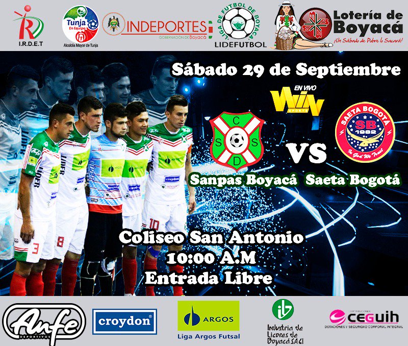 sanpasboyaca's tweet photo. #Futsal Este sábado 29 de Septiembre, Sanpas Boyacá vs @clubsaetabta partido por la Séptima Fecha de la @LigaArgosFutsal Todos cordialmente invitados ¡ENTRADA LIBRE! con Trasmisión de @WinSportsTV  #10:00 a.m. https://t.co/HvJp5Yz5F4