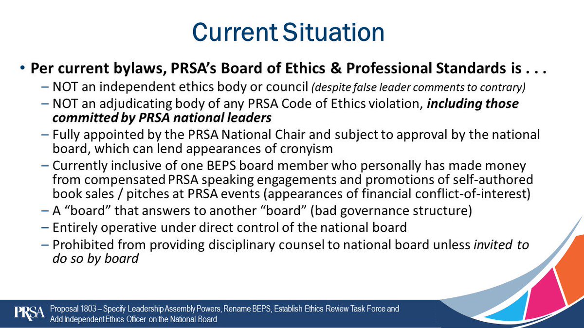MBWComm's tweet photo. When an organization's Code of Ethics / Conduct has no compliance aspect in order for one to retain membership in the org, it's a recipe for problems. @PRSA's Assembly delegation will vote on critical #PRethics bylaw reforms Oct. 6. Follow #TakeBackPRSA on Facebook. #EthicsMonth https://t.co/SpVVu5F83K
