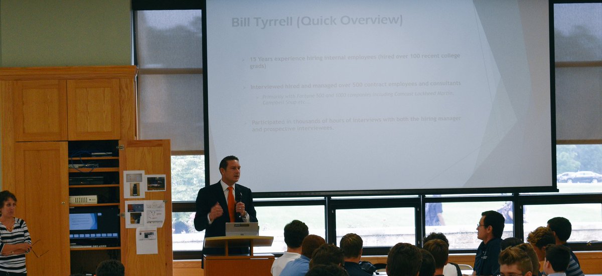 StAugustinePrep's tweet photo. Great to have Bill Tyrell ‘91, Vice President of Sales at WorkMerk, back on campus to share some insightful interview tips with #SA2019! #RichlandsFinest https://t.co/ldAlbMmM4y