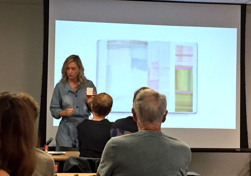 RukiRavikumar's tweet photo. Carole Baijings leads a #DesignByHand workshop on #color @cooperhewitt inspired by their @maharam darning sampler textile project. Their process story is also on display in the #ProcessLab #cheducation. Only a few spots left in tomorrow’s workshops on #form and #material ! https://t.co/OOwZnNKPk2