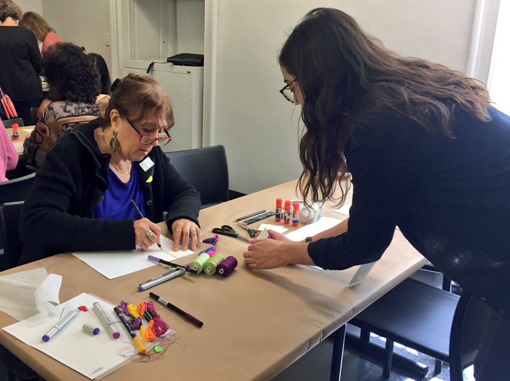 RukiRavikumar's tweet photo. Carole Baijings leads a #DesignByHand workshop on #color @cooperhewitt inspired by their @maharam darning sampler textile project. Their process story is also on display in the #ProcessLab #cheducation. Only a few spots left in tomorrow’s workshops on #form and #material ! https://t.co/OOwZnNKPk2