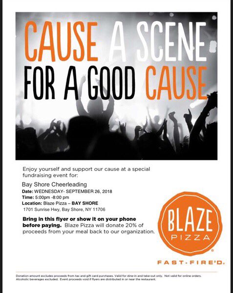 come to blaze tonight from 5-8pm to support bay shore varsity cheerleading! show this flyer before paying!!