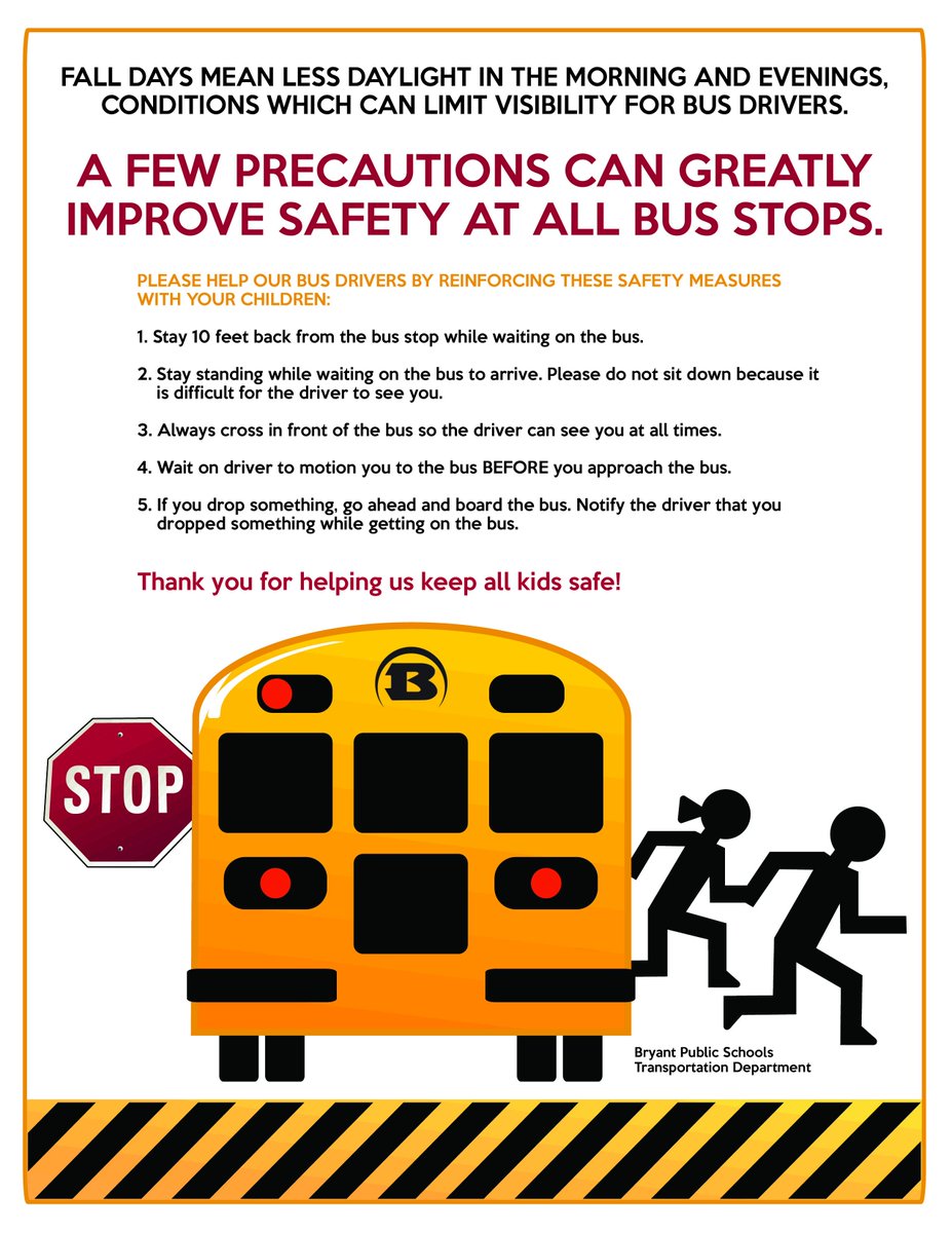 BryantSchools's tweet image. Fall days mean less daylight in the morning and evenings, conditions which can limit visibility for our bus drivers. A few precautions can greatly 
improve safety at all bus stops. #SafeHornets #BusSafety