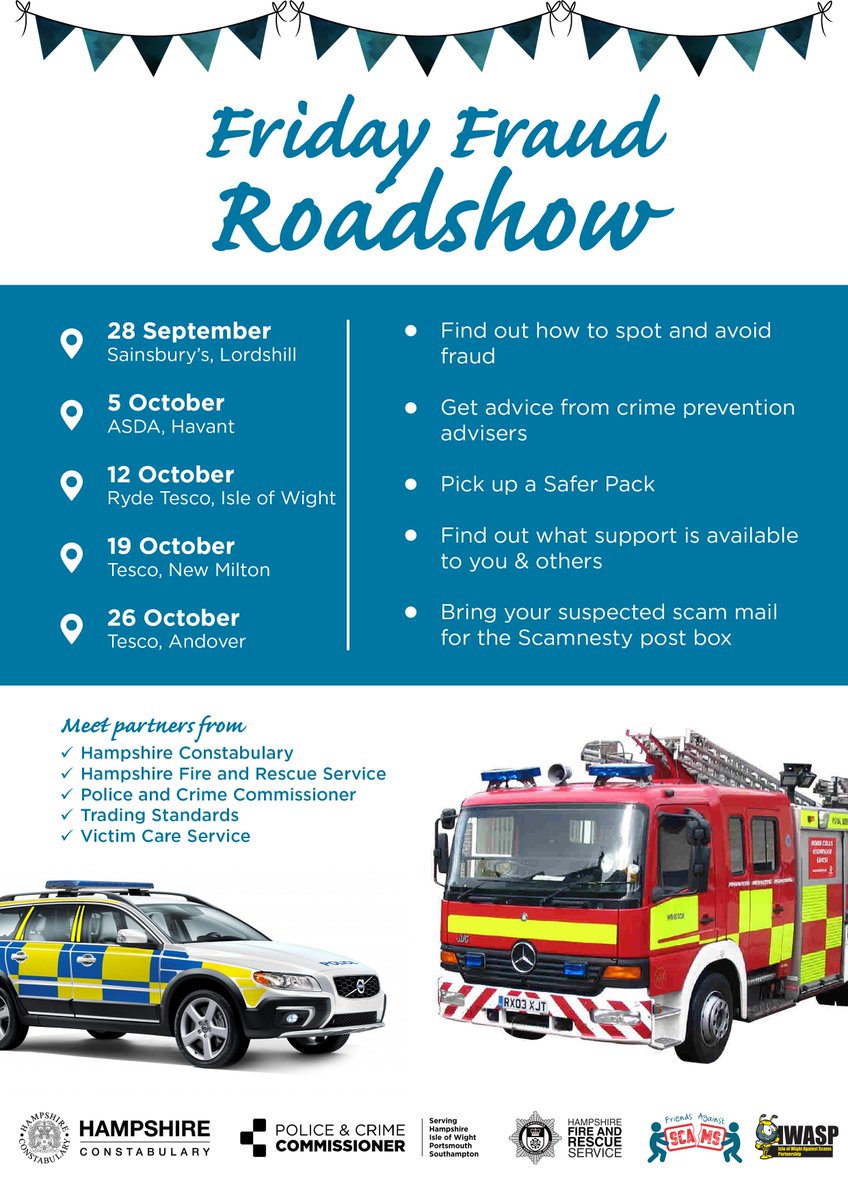 HantsPolice's tweet photo. New #PhoneFraudFriday Roadshows coming to a venue near you, starting this week at #Lordshill #Southampton
Officers & staff from specialist agencies on hand to provide help and advice, & stop you being scammed https://t.co/PfXbHDl1Ii