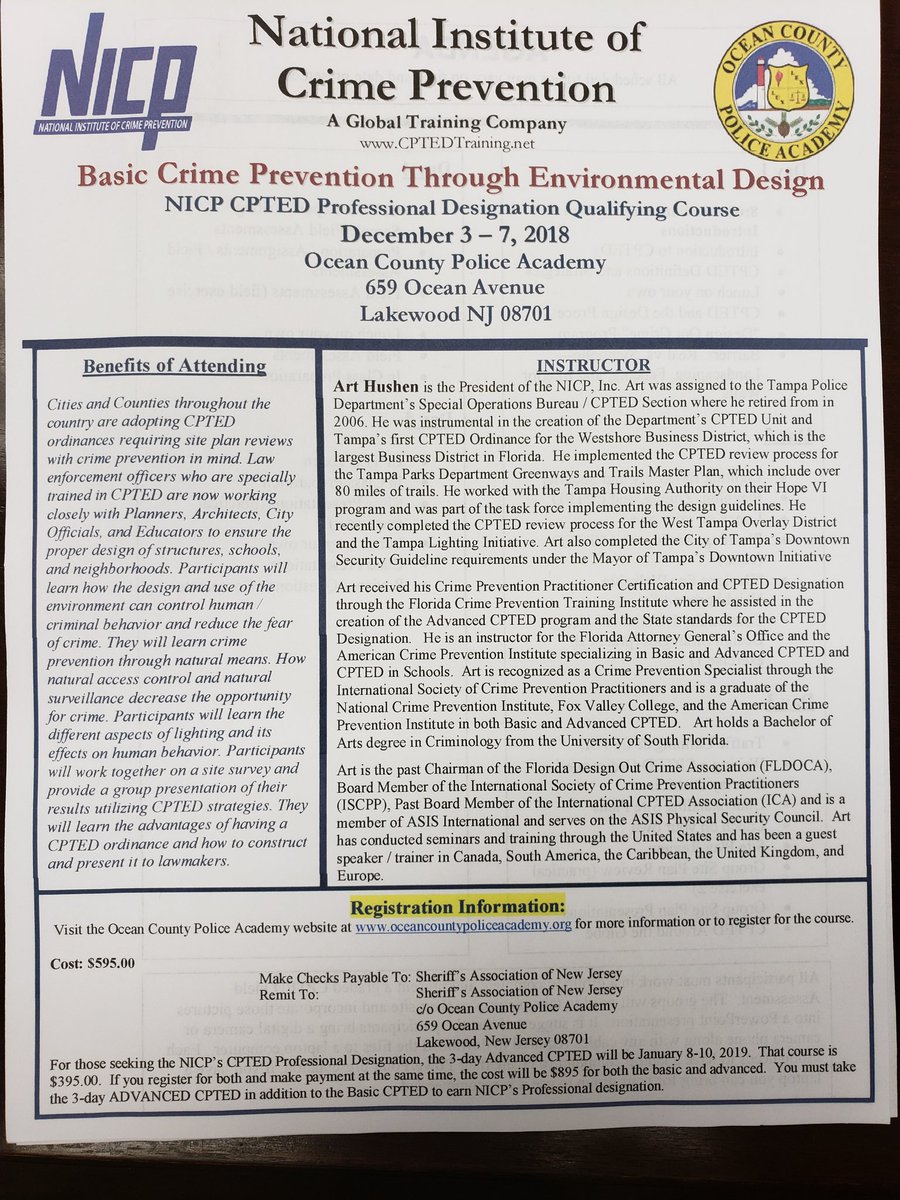 ManchesterPDNJ's tweet photo. Are you interested in learning how the design and use of the environment can control human /criminal behavior and reduce the fear of crime?  Check out this great CPTED training coming to Ocean County NJ. https://t.co/WqHPsHbRq0