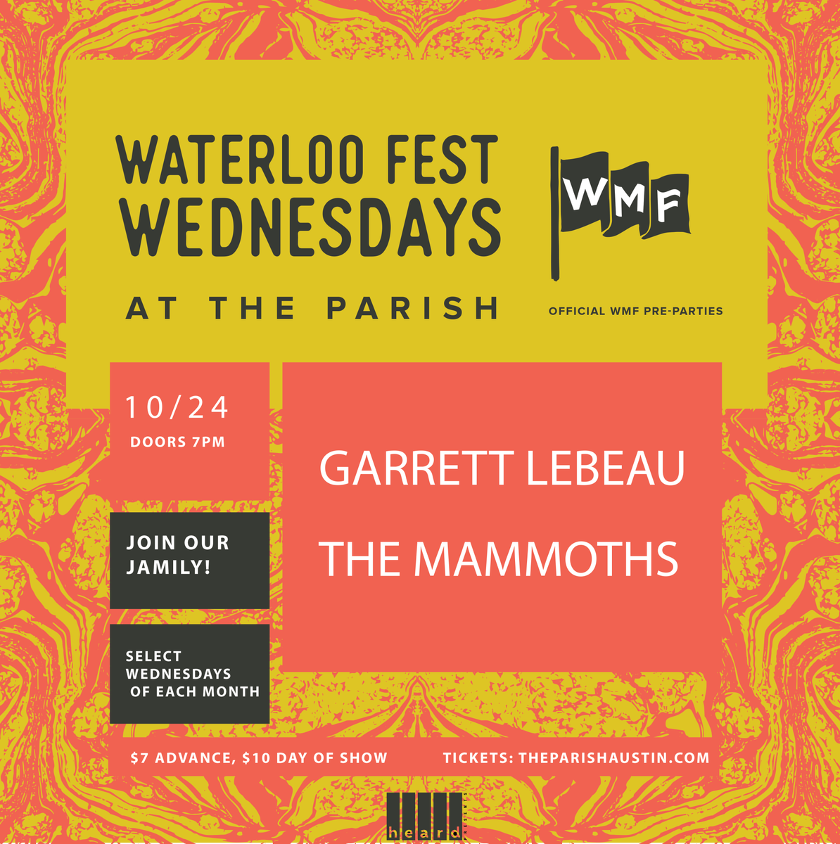 waterloomusfest's tweet photo. Just Announced 🚩 #WaterlooWednesdays are BACK! @HeardPresents + #WaterlooFest want you to join our JAMILY as we keep the fam jammin' on select Wednesdays of each month leading up to the next fest. 

10/24: @GarrettLebeauBand + @The_Mammoths 
🎟: https://t.co/UCorwxV6SK https://t.co/oy460gr4mn