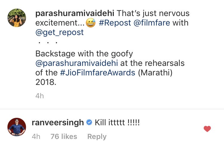 [ Insta update] 

Ranveer Singh left a comment on acresss Vaidehi recent insta post wishing her all the best for her first filmfare performance at #JioFilmfareAwards (Marathi)❣️

Aww our encouraging hero 😘