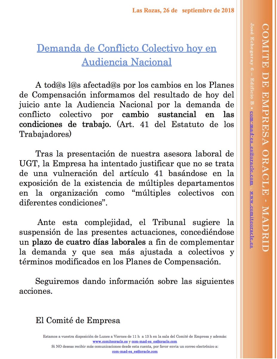 ComiteOracle's tweet image. COMUNICADO: Demanda de Conflicto Colectivo hoy en Audiencia Nacional #ComiteOracle