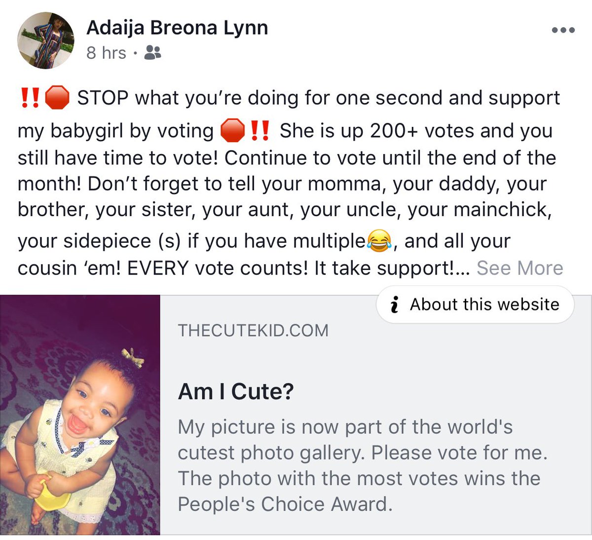 IamBREtiful_'s tweet photo. Vote Baby Alaina Brooklynn 🎀
It only takes a second. Click the link below and hit vote! 💕
https://t.co/d7QvRMrcSO https://t.co/rAa2tUTJxc