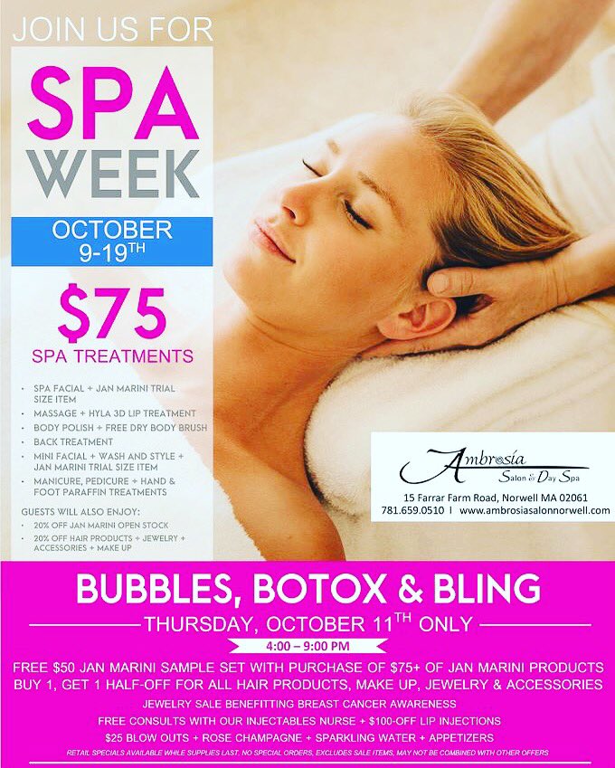 ambrosianorwell's tweet image. Call to book your appointment! 781-649-0510 #spaweek #spaweek2018 #spatreatments #bubblesbotoxbling #janmariniskincare #touchstonecrystal #injectables #injectablesnurse #ambrosiasalondayspa #buy1get150 #blowoutspecial