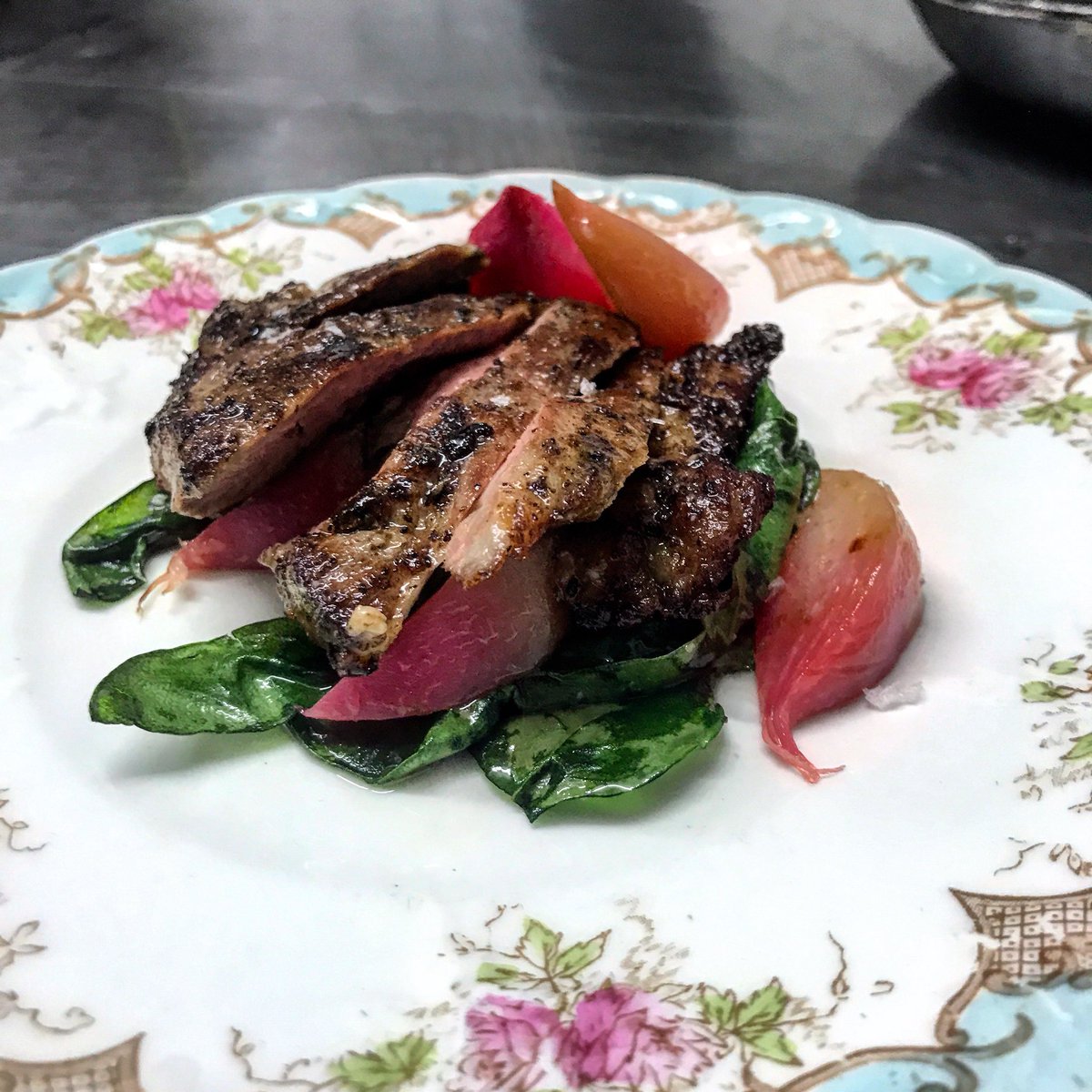 •Iberian pork abanico, spinach, beets &amp; hazelnut praline• #trangallán #tapas #abanico #n16newingtongreen #seasonalfood