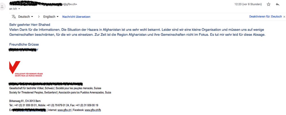 shahed1018's tweet photo. @gfbv_ch schrieb mir, die Situation der #Hazara in Afg ist ihnen bekannt,aber sie können sich auf die Situation anderer Minderheitsgruppen nicht äussern. Da ihre Organisation KLEIN ist?! Eine kleine Gesellschaft, die über andere Minderheiten nicht SCHREIBEN kann!!
#justice4hazara https://t.co/15nSJlMZlH