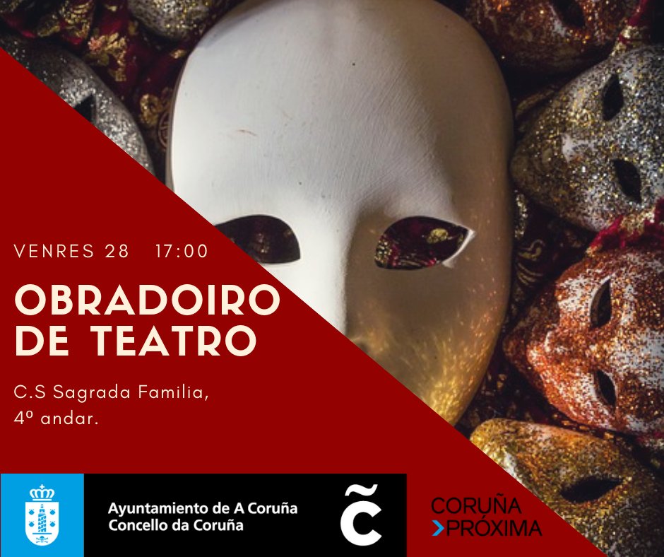 corunaparticipa's tweet photo. Tras varias solicitudes da rapazada, comprácenos anunciar o primeiro obradoiro de teatro de #MocidadeSF! Achégate o venres 28 e descubre con nós o misterioso mundo do teatro, onde todo é posible e nada é o que parece.
#oteuespazo #oteutempo @CMIXCoruna https://t.co/VVBYDquXem