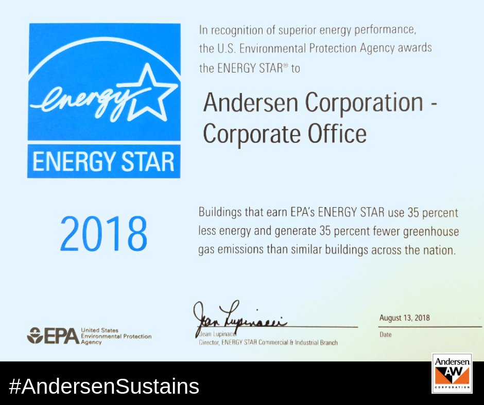 AndersenWindows's tweet photo. Proud to be receive the ENERGY STAR award in recognition of the energy performance of our MN Corporate Office. #AndersenSustains Click to learn more about Andersen & Energy Star: https://t.co/2ICq97NERe https://t.co/ZGjL9kZ16w