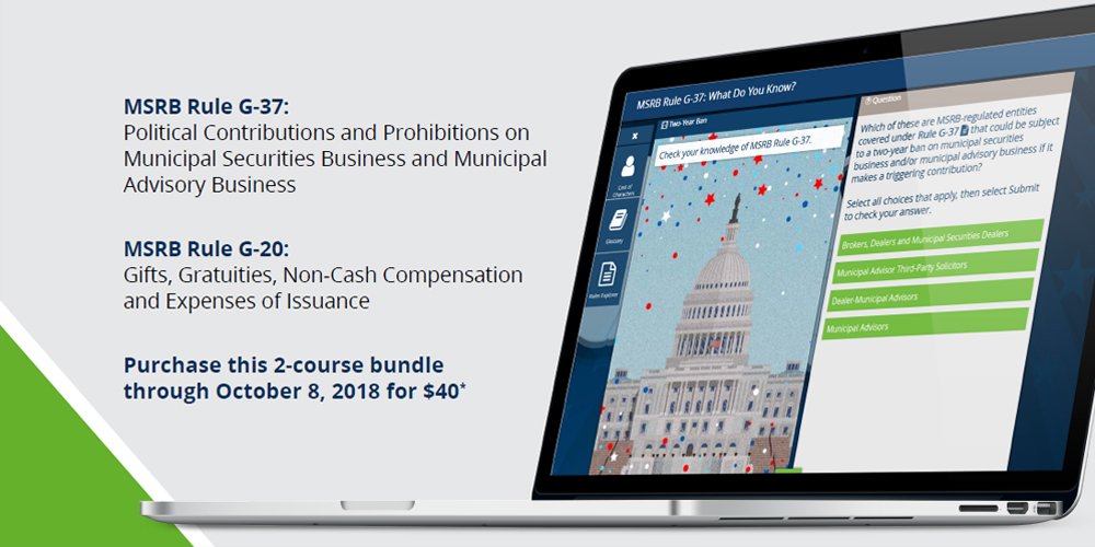 MSRB_News's tweet photo. Celebrate #NationalComplianceOfficerDay with MuniEdPro®! Enroll now and get two courses for $40 https://t.co/JYNH6jnk63 https://t.co/hf9J3m5azP
