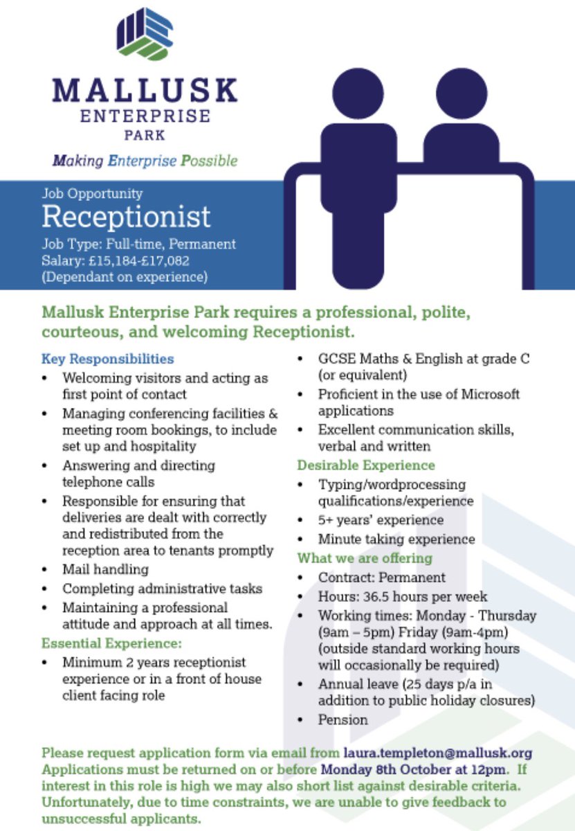 RT @MalluskInfo: We are currently recruiting for a full-time #receptionist post in Mallusk Enterprise Park. To request an application pack email Laura.templeton@mallusk.org #JobFairy #EnterpriseAN