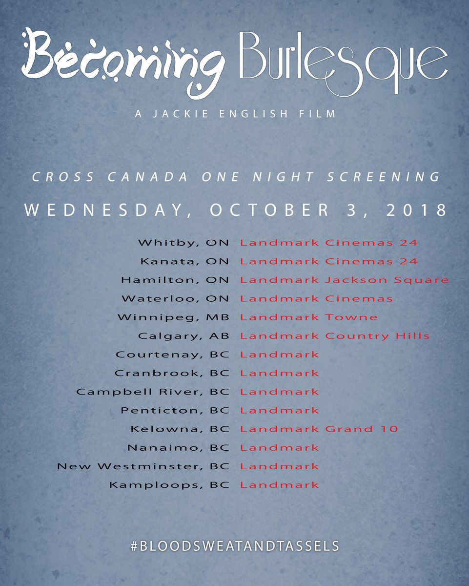 CourtneyDeelen's tweet photo. .@1stweekendclub did you hear about @becomingburlesq's cross Canada sneak peek @LandmarkCinemas on October 3rd? 
It also runs in @CarltonCinema October 5th-11th!!! Would LOVE your help spreading the word.

#BloodSweatAndTassles #BecomingBurlesque https://t.co/6RxZ4fXKAu