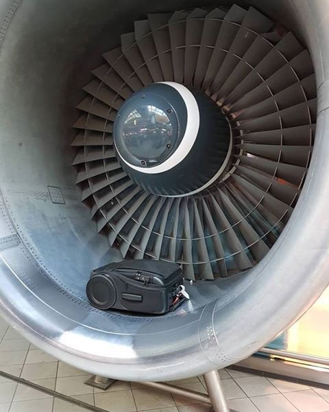 What a great pair - G-RO with its large-diameter Gravity Roll wheel and a plane engine! Thanks for sharing this inspired photo, Oscar Perez Perez.