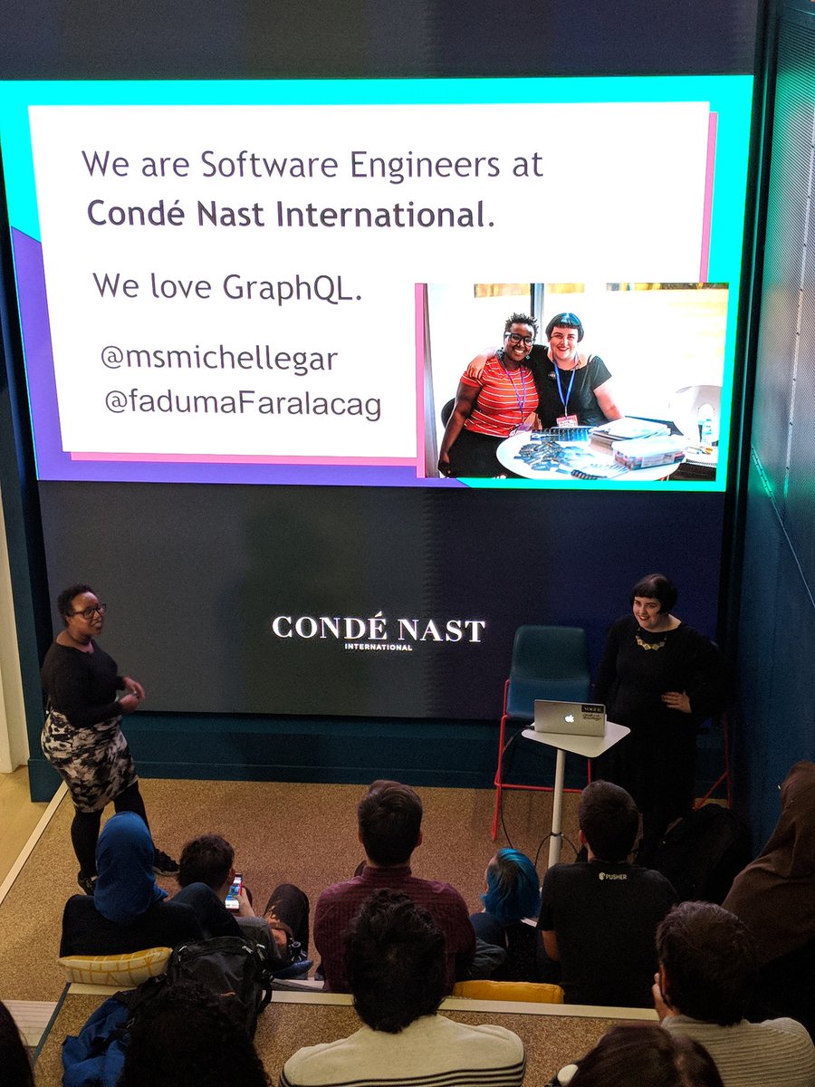 Now we have a joint talk from @FadumaFaralacag and @msmichellegar, both from @condenasteng. We're getting a deep dive into what it's like having GraphQL in production!