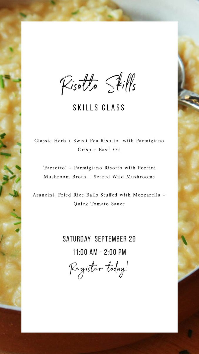 There's still time to join Chef Olivia in the kitchen this Saturday morning for her Risotto Skills class! Visit our online calendar or give us a call to reserve your spot in the class today! #dishcookingstudio #cookeatshop dishcookingstudio.com/calendar/