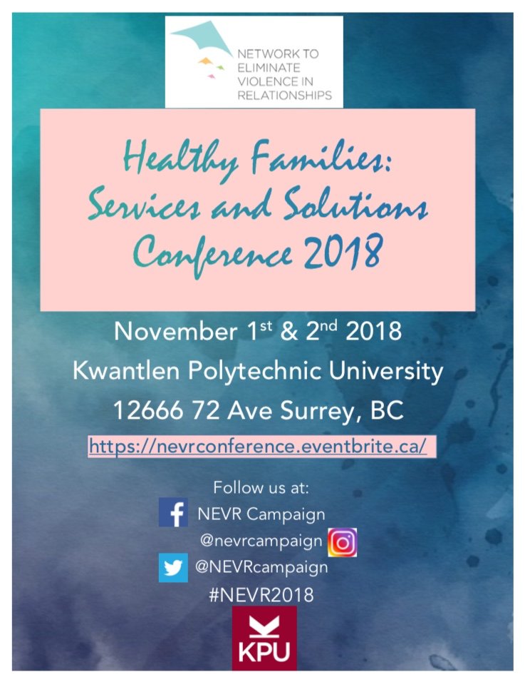 NEVRCampaign's tweet photo. Registration for the #NEVR2018 conference, "Healthy Families: Services and Solutions," is now live! https://t.co/p4kDc4ZroA
@DrJenMarchbank @KwantlenU @deltapolice @YWCA_Canada @SurreyRCMP @janedoenetwork @jinnysims @EndingViolence @HarryBainsSN @Stephanie4BC @CityofSurrey https://t.co/aPC5nnUsqx